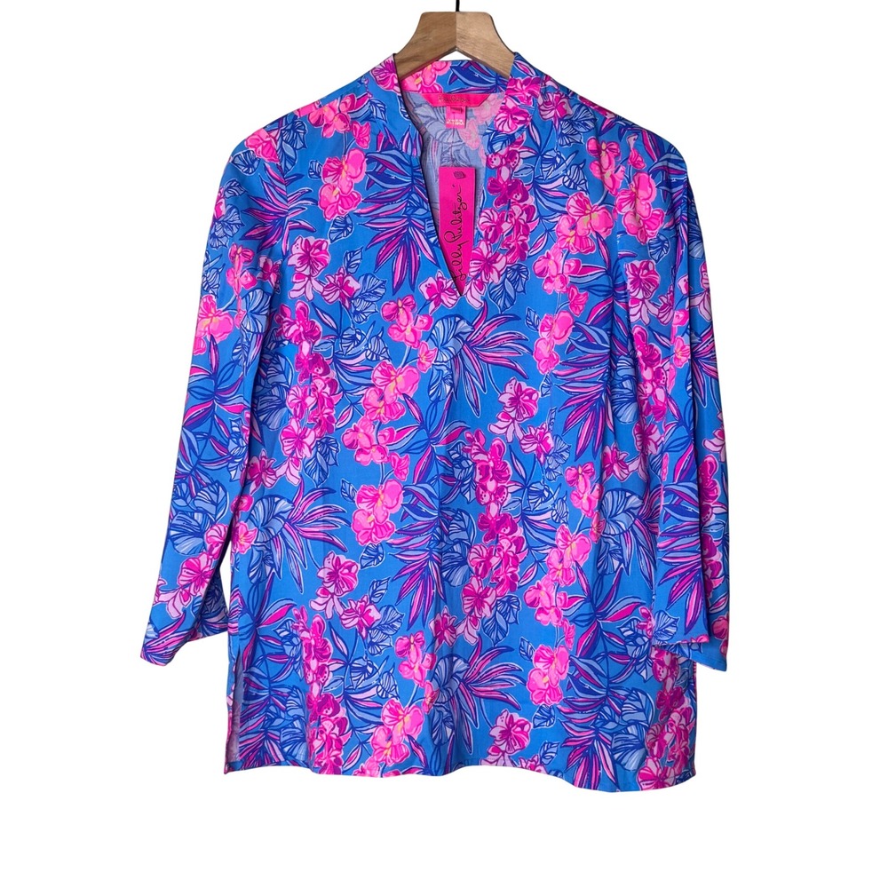 Lilly Pulitzer Luna Bay Tunic XS Cumulus Blue Orchid Oasis Floral Print Top NEW